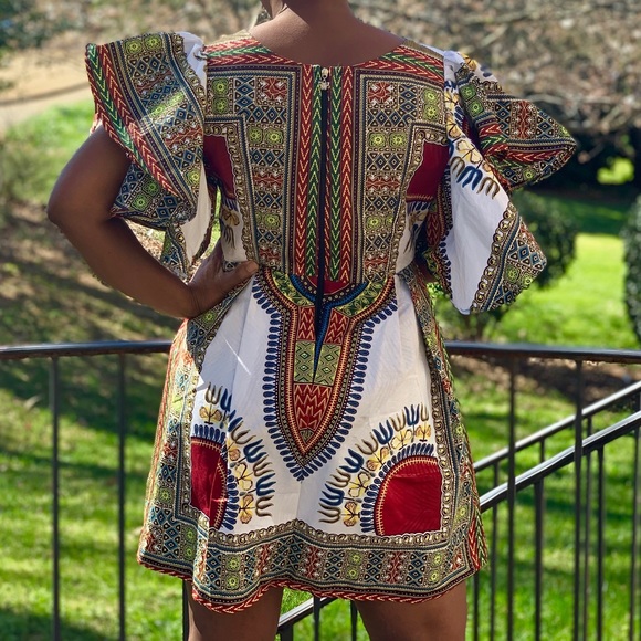 African Print Ankara Handmade White Dashiki Mini Ruffle Sleeve Dress - Picture 7 of 7